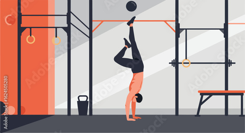 Gymnast balances ball on forehead at gym with equipment and minimalist background