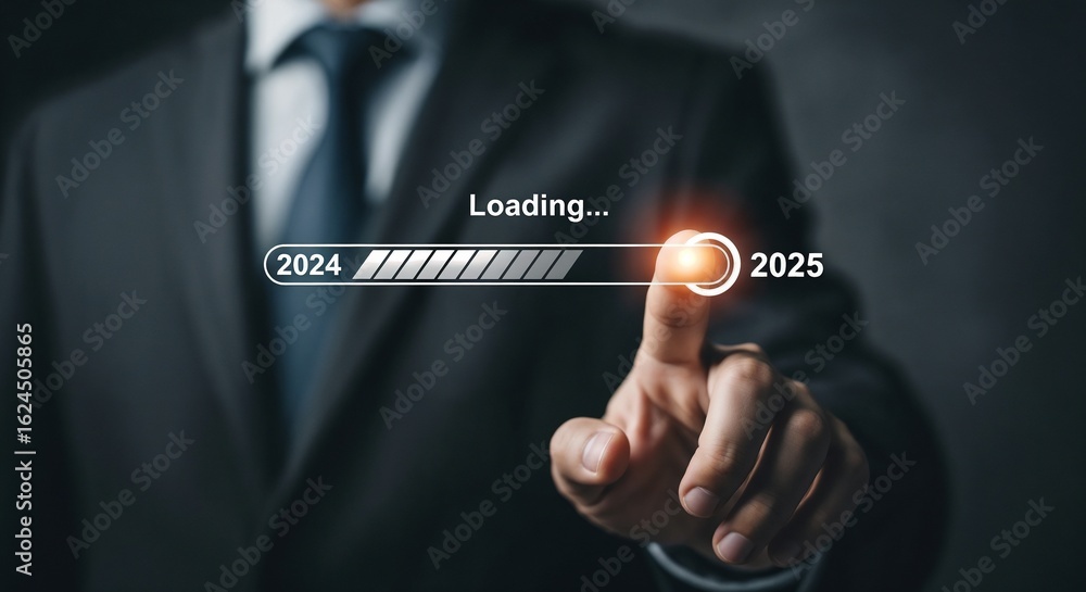 Businessman touching to downloading bar to change 2024 to 2025 year for change and preparation new business year concept.
Businessman touching to downloading bar to change 2024 to 2025 year for change and preparation new business year concept.