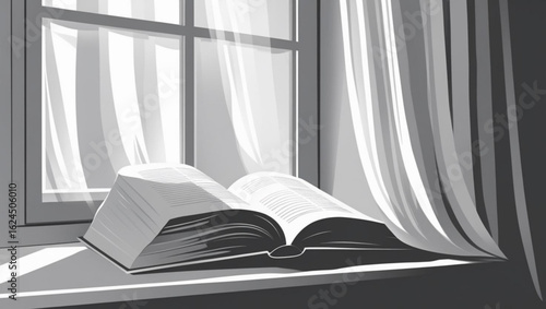 open book on windowsill with curtains and window light