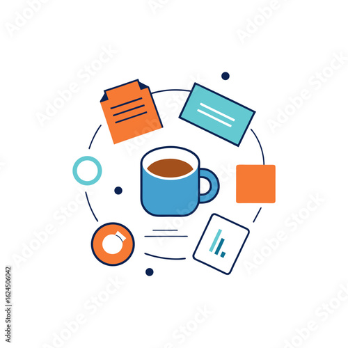 Business and coffee break illustration with office supplies
