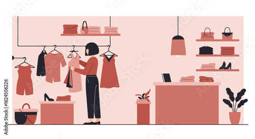 Person choosing apparel in clothing boutique w/ shelves of accessories in background