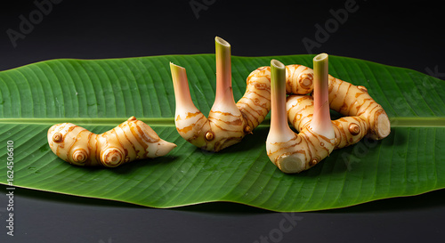 Group of galangal roots arranged artistically on banana leaf background with soft shadow and side light.

