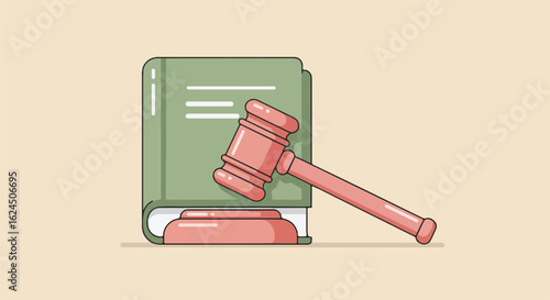 Gavel rests on legal book. Justice symbol, courtroom, fair law, judgement. Beige place