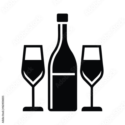Wine Bottle And Two Glasses Outline Vector Illustration