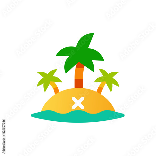 Cartoon island with palm trees and an x mark