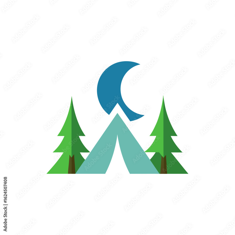 Obraz premium Tent under the crescent moon with pine trees at night
