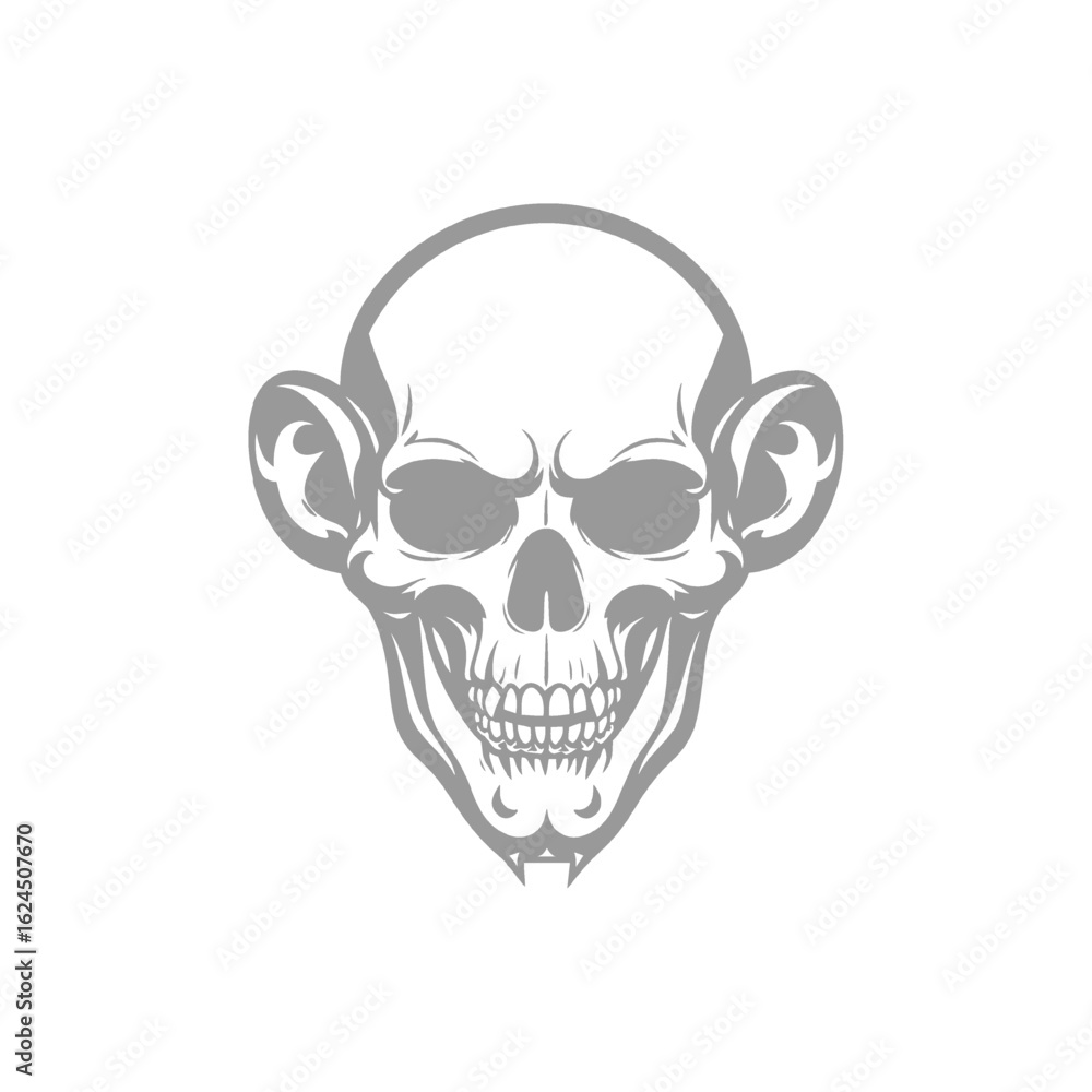 Obraz premium Skull with monkey ears, gray skull, cartoon skull, funny skull illustration