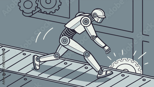 Robot automation running on conveyor belt in factory machine shop with gears and industrial setting
