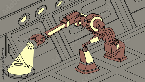 Industrial robot arm spotlight inspection robotic automation sci fi technology vector illustration design