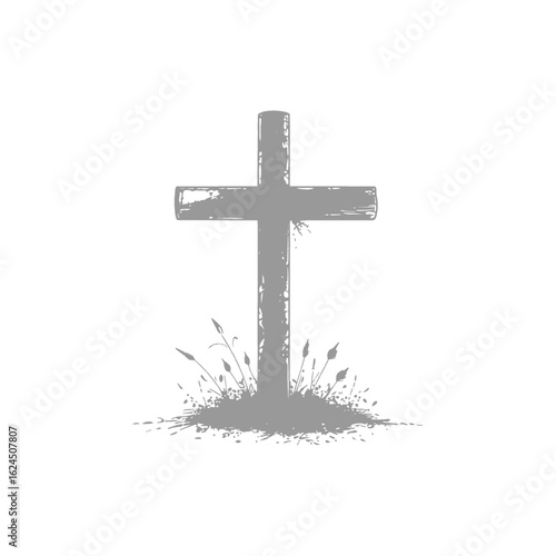 Illustration od a Grave Marker Cross with Vegetation