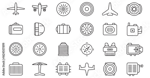 Aircraft Components Outline Icons Set: Airplane, Engine, Battery, and More