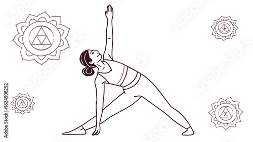 Yoga triangle pose tutorial for beginners with chakra symbols and meditation for flexibility and wellness