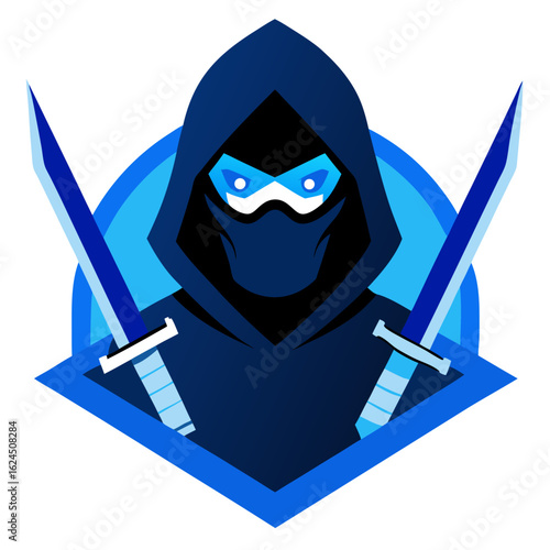Hooded Figure with Dual Katanas, Blue Gradients, and Framed Tactical Vector Look