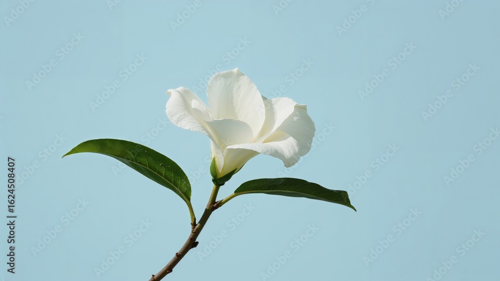 Fototapeta premium Isolated white gardenia bloom accompanied by foliage on a blue sky backdrop
