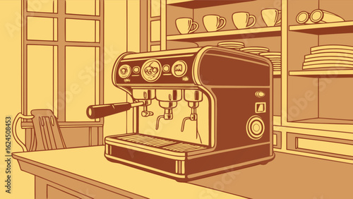 Professional espresso machine for coffee shop or cafe with cups and plates on shelves design