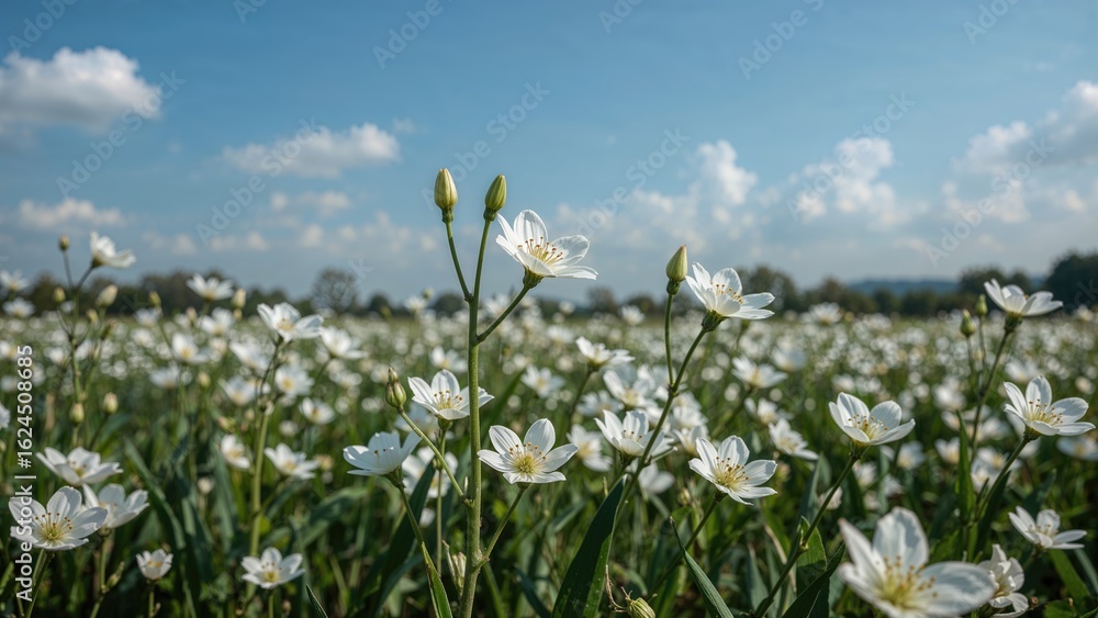 Fototapeta premium Snowy flowers blooming in a wide-open pasture