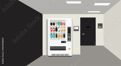 Vending machine in an office hallway with a dark door and ceiling lights