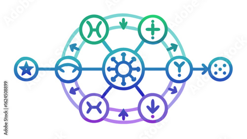 Abstract diagram network connection with circle nodes and arrows for process visualization concept