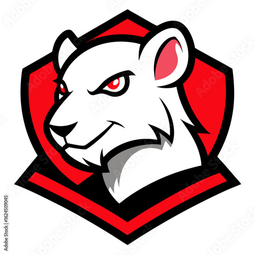 White Rat Mascot with Red Eyes, Bold Lines, and Playful Smirk in Clean Badge