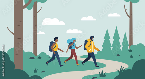 Friends hike on a winding trail in the woods as the clouds fill the sky