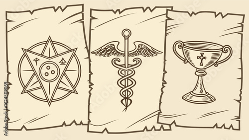 Explore esoteric symbols and ancient medical caduceus and chalice icons on parchment backgrounds art