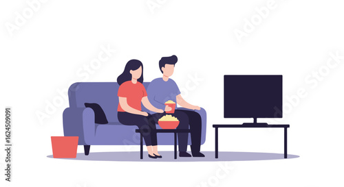 Couple watching television together at home, with popcorn, on sofa