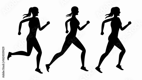 Three silhouette figures of women running with ponytails and athletic builds in black color scheme
