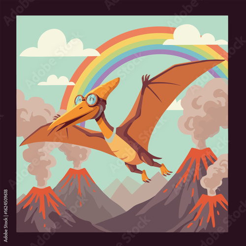  Flat vector of a flying pterodactyl wearing goggles  soaring happily over volcanoes with a rainbow in the background hFG_traced