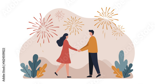 Couple Holding Hands Walk Under Fireworks for Celebration Event Illustration