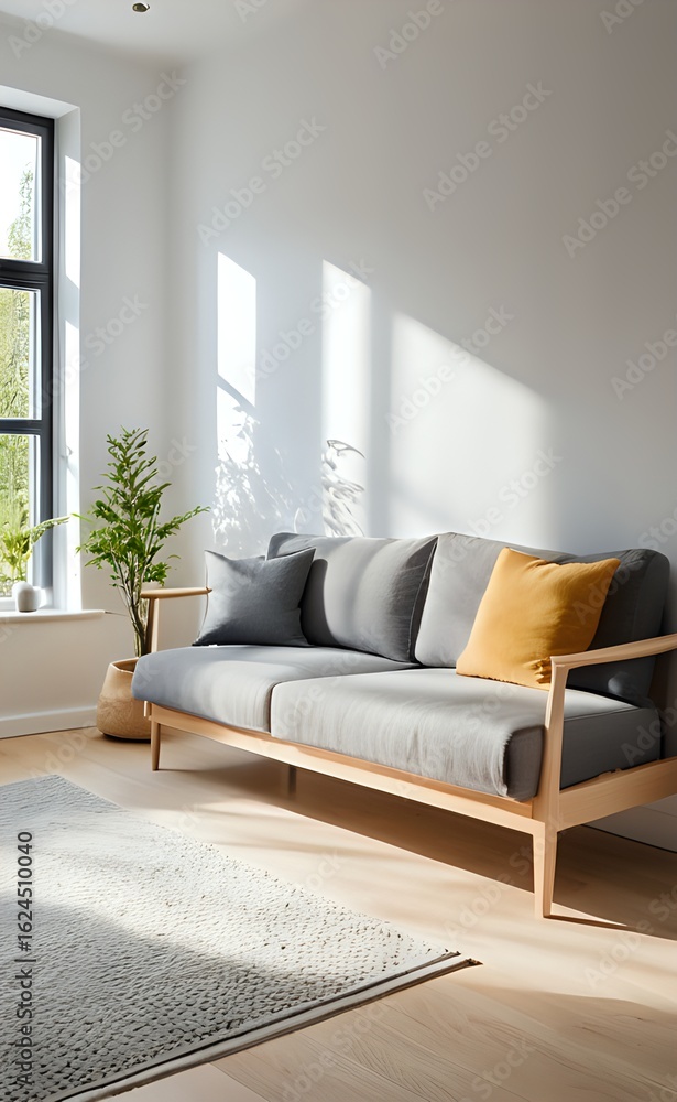 Fototapeta premium Elegant Japandi Sofa Bathed in Sunlight with a Striking Yellow Accent.