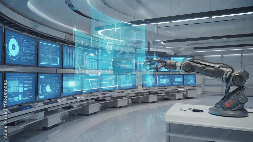 Naklejka premium Advanced Robotic Arm Interacting with a Holographic AI Interface in a Futuristic Control Room