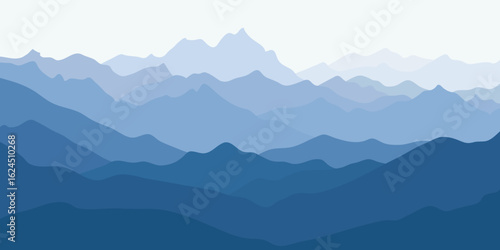 Vector illustration of mountains, ridge in the morning haze, panoramic view