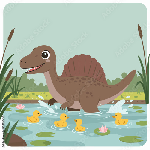 A cute spinosaurus splashing in a shallow river with ducklings  surrounded by reeds and lily pads  soft color palette  flat vector style Hj6_traced