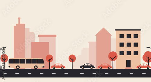 City street with bus and cars driving, buildings in background for website banner use