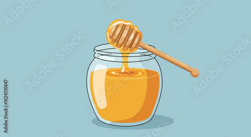 Honey dipper fills jar with golden nectar on solid background for illustration