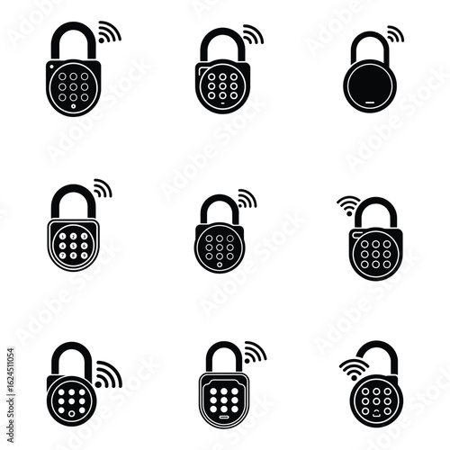 Collection of nine distinct smart padlock icons with wireless connectivity symbols in a grid layout