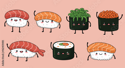 Cute sushi characters waving with salmon background. Cartoon design use