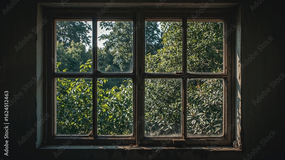 Aged Window Glass Reveals a Lush Garden Scene Aged Window Glass Reveals a Lush Garden Scene