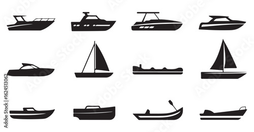 Different Types of Watercraft and Ships in Black Silhouette Style