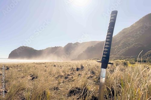 Long Japanese samurai sword katana is positioned in a windy grass field ground. Strong sunlight.