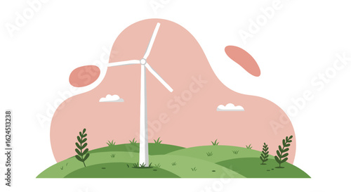 Cartoon Wind Turbine Generating Power on a Hill with Clouds. Usable for blogs