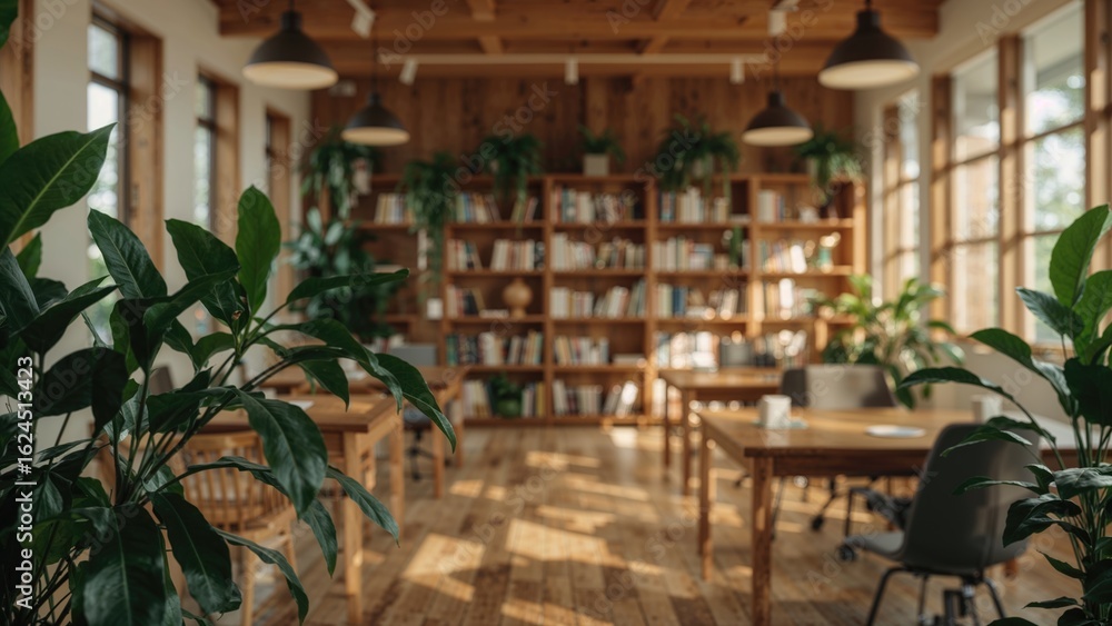 Obraz premium Blurred scene highlighting wooden book racks brimming with literature, lively indoor plants, and soothing natural illumination, generating an inspiring space for study and reading.
