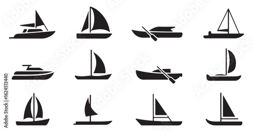 Set of Boat and Ship Icons in Black for Marine and Nautical Designs