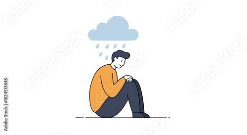 Dejected Man Under Rain Cloud Illustration For mental health awareness use