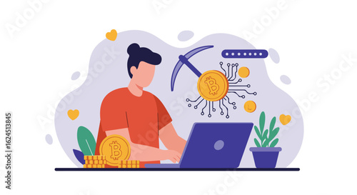 Mining digital coins. Person working on laptop at home with icons floating about