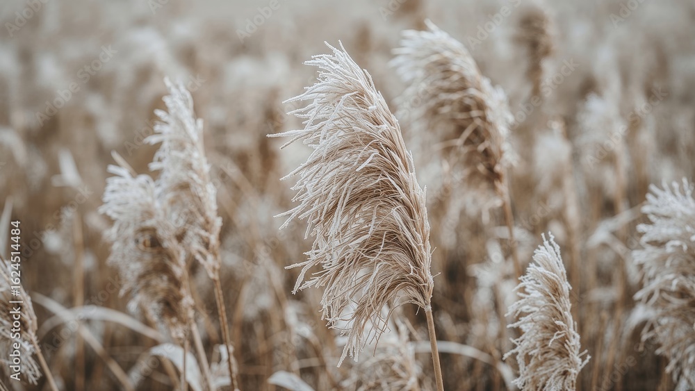 Fototapeta premium An abstract scene showcasing frosted pampas grass and soft Cortaderia selloana plants, enhanced by dry boho-style reeds and delicate ice patterns, reflecting nature's watchful eye.