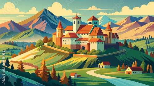 Majestic Spis Castle stands tall, overlooking the scenic Slovak countryside bathed in golden light. Stone walls, medieval towers, and winding trails blend with rolling green hills and whispering wildf