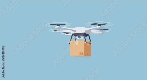 Isolated drone delivers package, against a solid backdrop; for e-commerce concepts