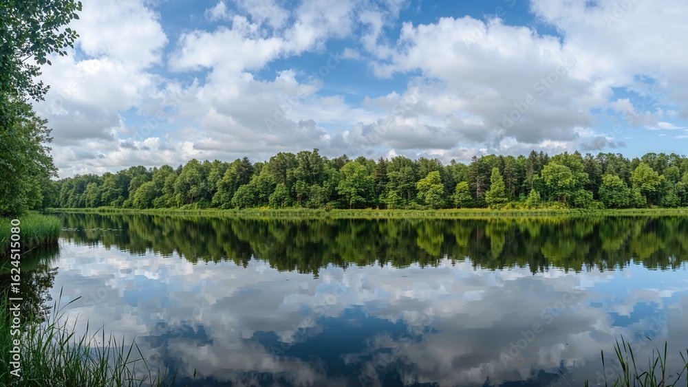 Fototapeta premium Tranquil waters mirror rich woodland, where bright greens meet a pale blue sky dotted with clouds, crafting a peaceful nature view.