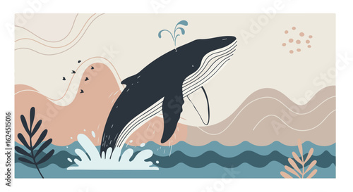 Whale breaching ocean waters with abstract background, for illustration or banner